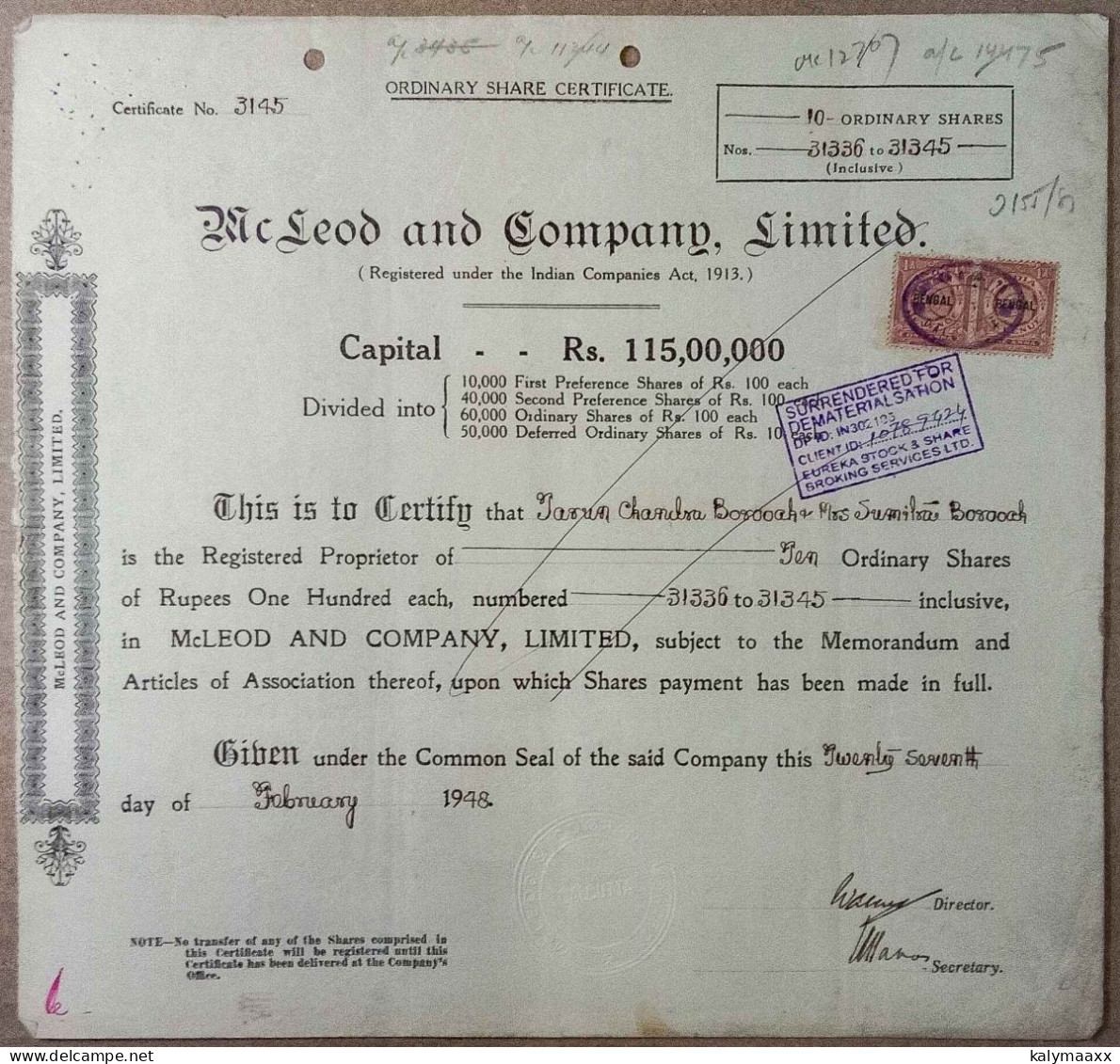 INDIA 1948 McLeod & COMPANY LIMITED, TRANSPORT BUSINESS.....SHARE CERTIFICATE - Transportmiddelen