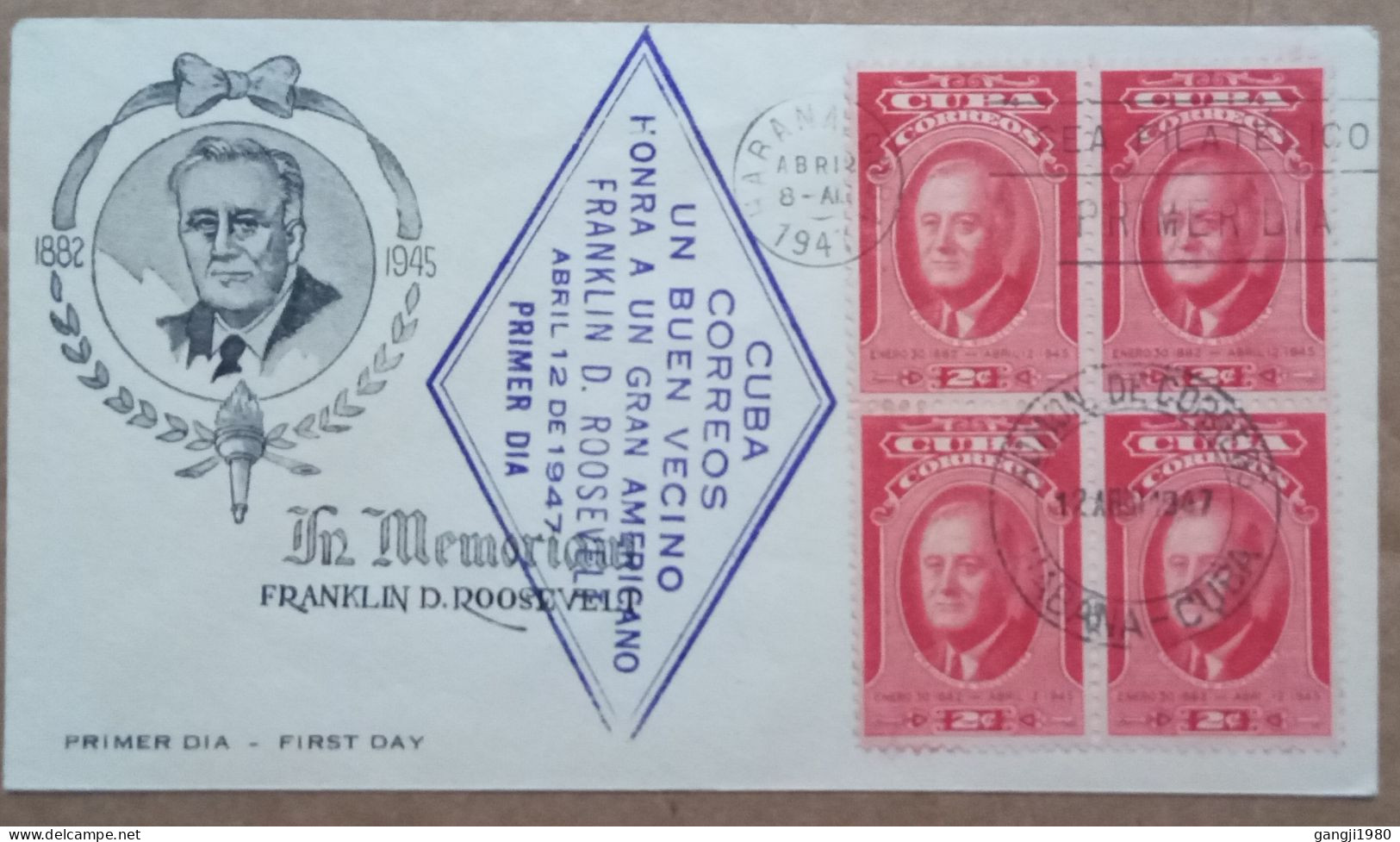 CUBA-USA 1947, FDC COVER, FRANKLIN D.ROOSEVELT, ILLUSTRATE, BLOCK OF 4 STAMP, HABANA CITY 2 DIFF CANCEL, DIAMOND SHAPE - Lettres & Documents