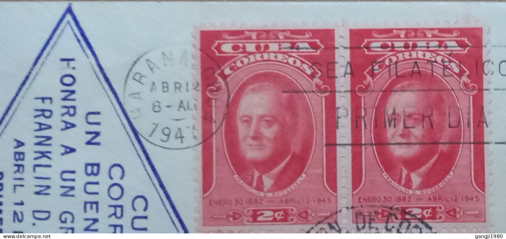 CUBA-USA 1947, FDC COVER, FRANKLIN D.ROOSEVELT, ILLUSTRATE, BLOCK OF 4 STAMP, HABANA CITY 2 DIFF CANCEL, DIAMOND SHAPE - Lettres & Documents