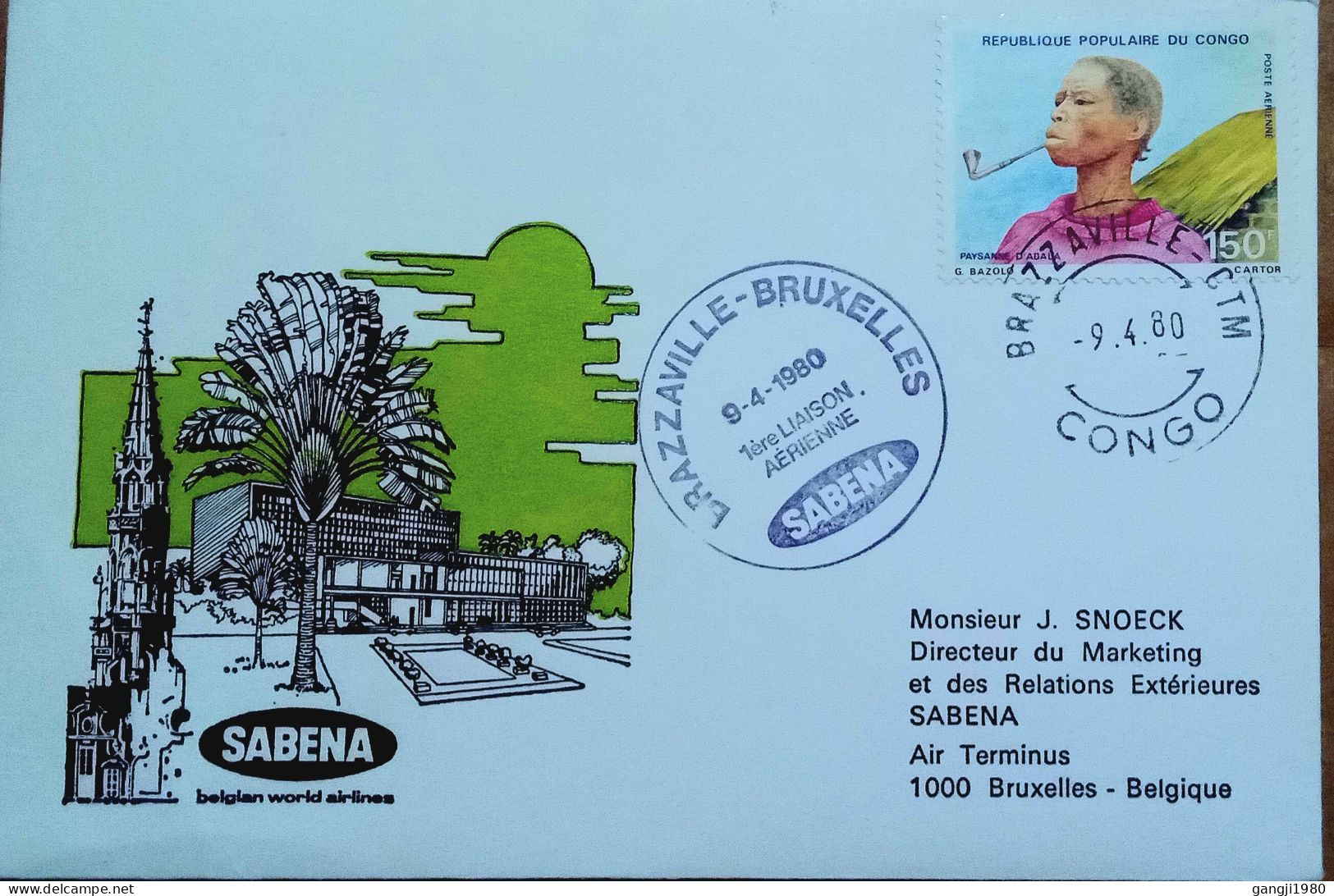 CONGO-BELGIUM 1980, FIRST FLIGHT COVER,  BELGIUM WORLD AIRLINES, BRAZZAVILLE-BRUXELLES CITY CANCEL, ABALA PEASENT WOMAN - Lettres & Documents