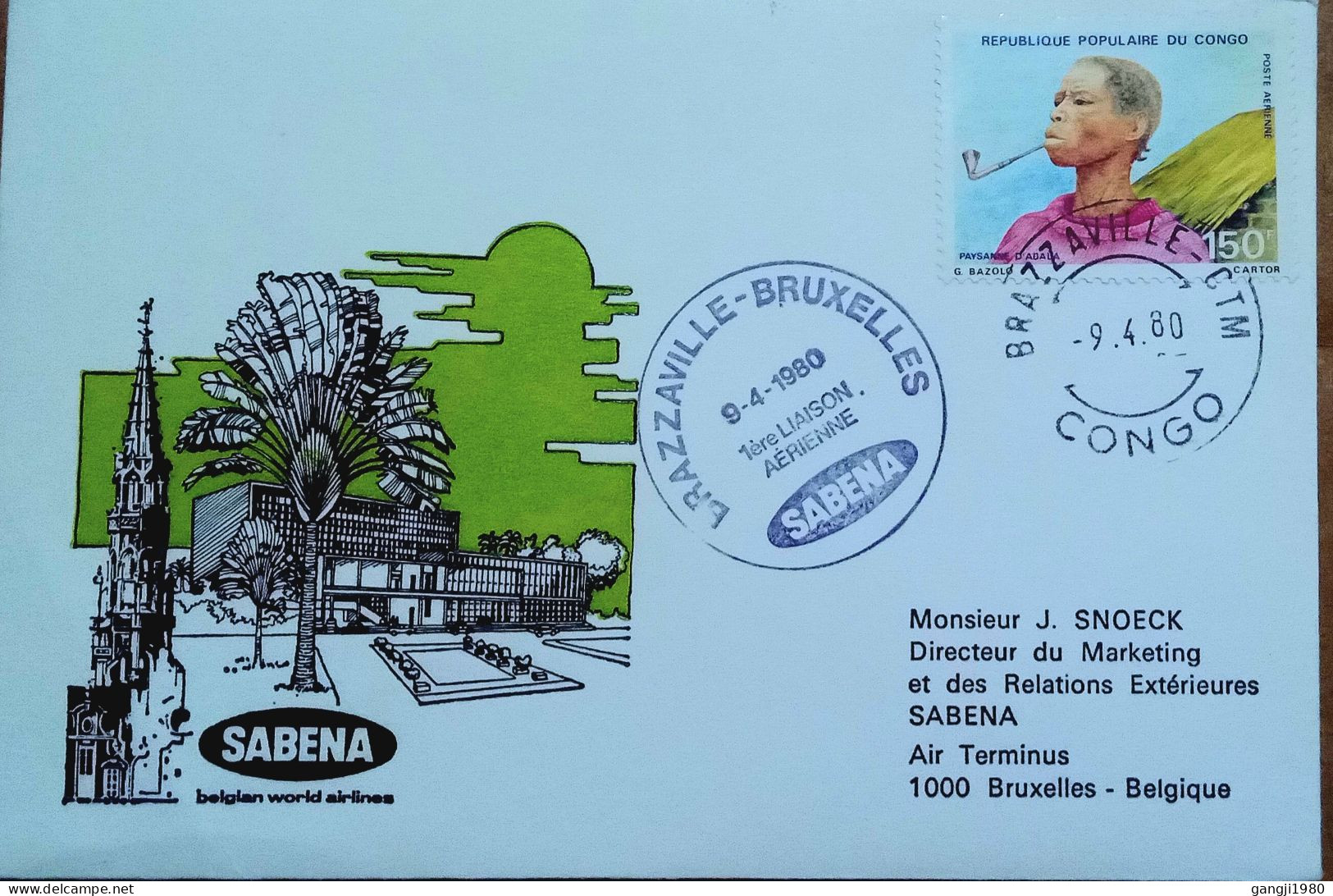 CONGO-BELGIUM 1980, FIRST FLIGHT COVER,  BELGIUM WORLD AIRLINES, BRAZZAVILLE-BRUXELLES CITY CANCEL, ABALA PEASENT WOMAN - Covers & Documents