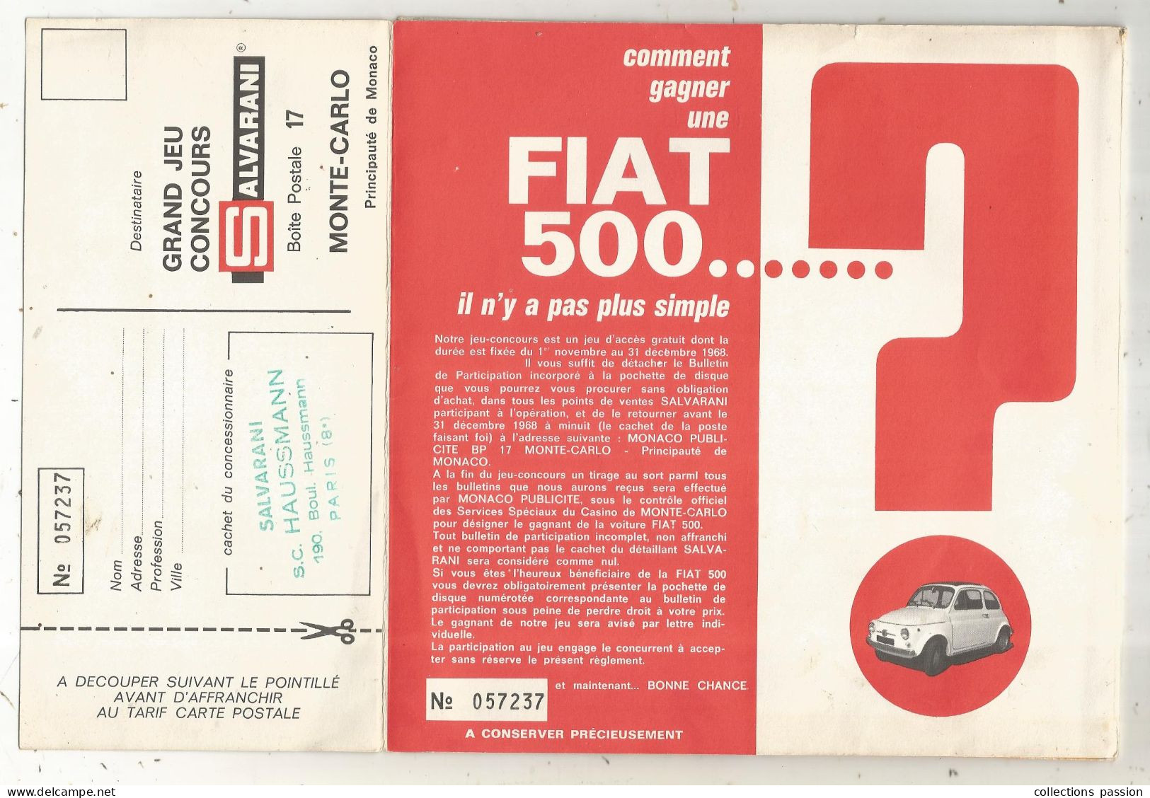 Disque 45 Tours, Publicité SALVARINI Monte Carlo, Meubles De Cuisine, Gagner Une Fiat 500, Carte Postale, Frais Fr 3.35e - Zonder Classificatie