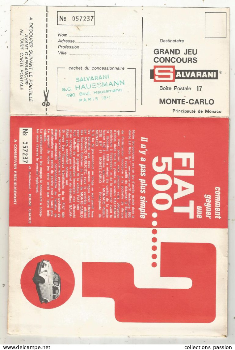 Disque 45 Tours, Publicité SALVARINI Monte Carlo, Meubles De Cuisine, Gagner Une Fiat 500, Carte Postale, Frais Fr 3.35e - Unclassified