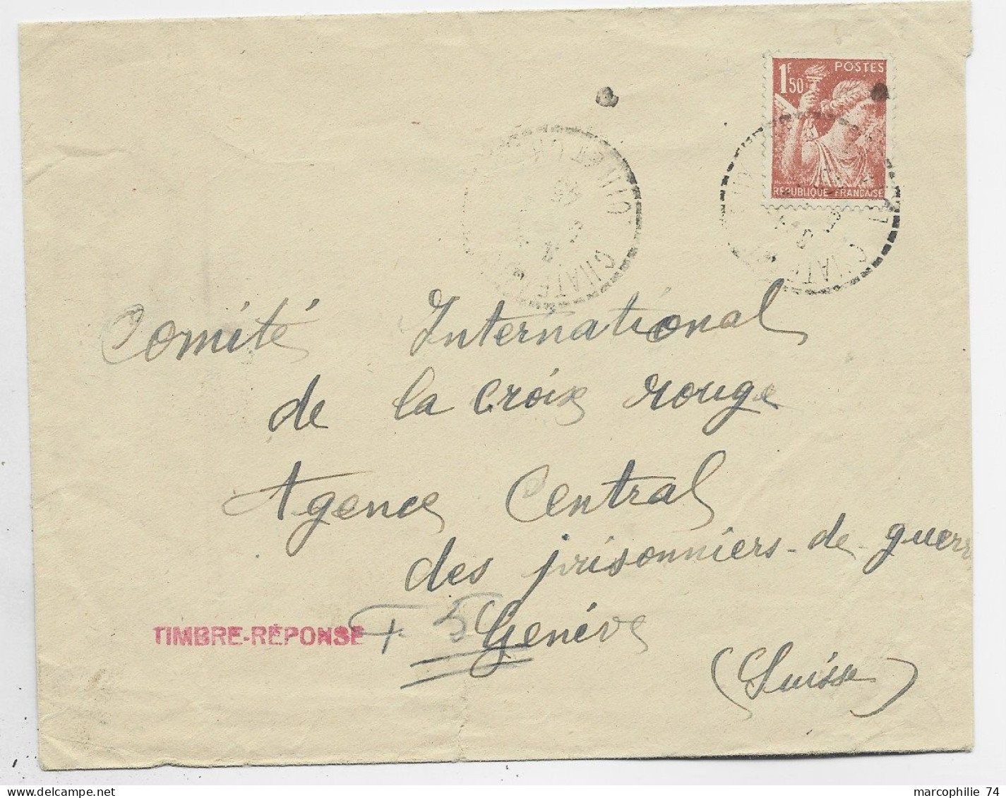 FRANCE IRIS 1FR50 N° 652 SEUL LETTRE CHATEAUVIEUX 1945 POUR CROIX ROUGE GENEVE - 1939-44 Iris