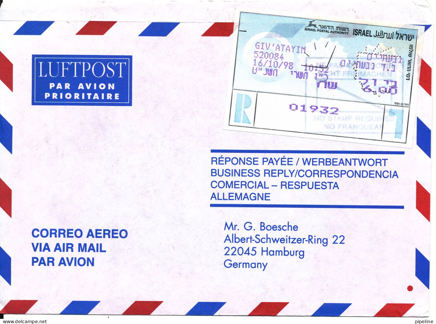 Israel Registered Air Mail Cover With ATM Franking Label Sent To Germany 16-10-1998 - Luchtpost