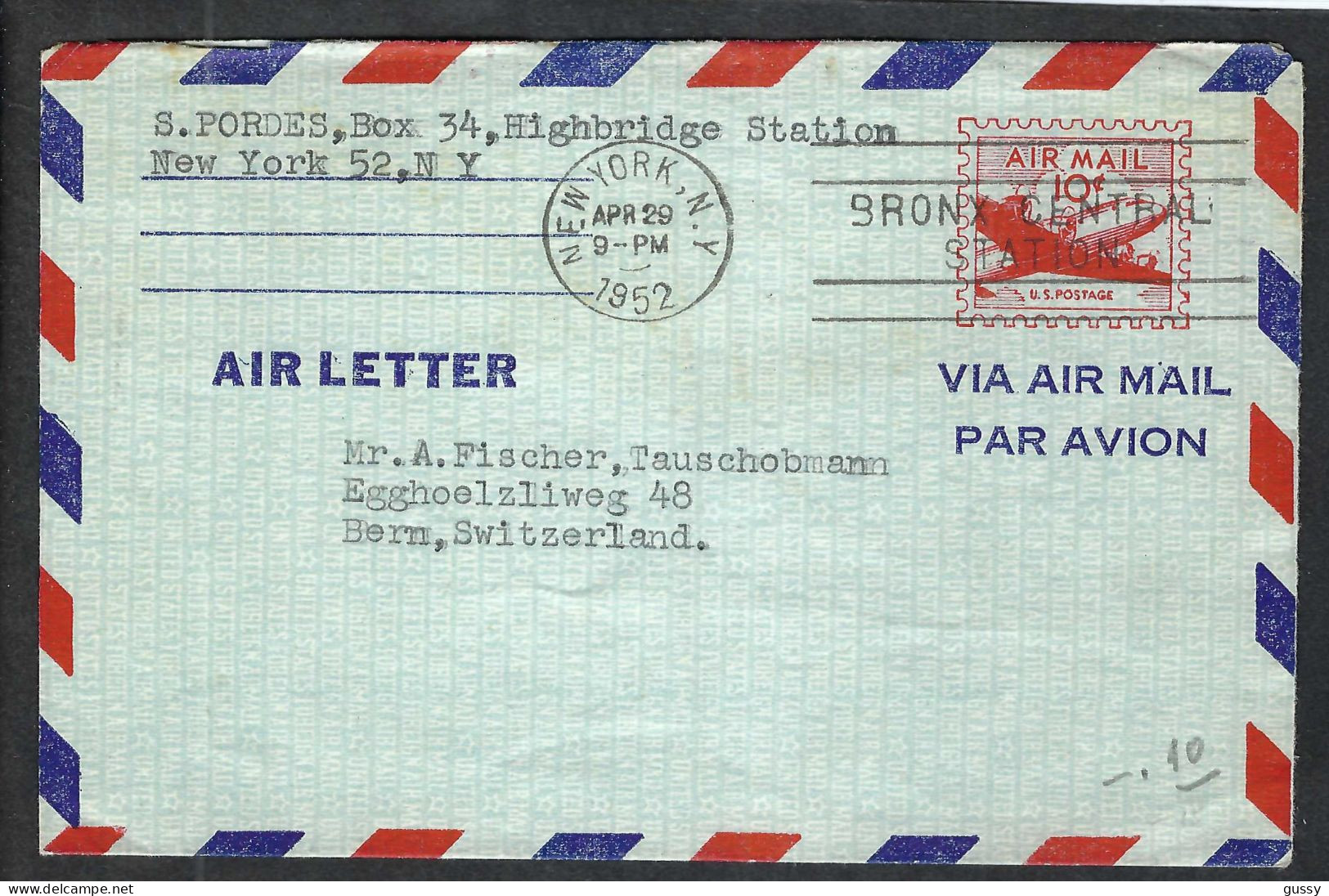 ETATS-UNIS Ca.1952: LSC P.A. Entier De 10c De New York Pour Berne (Suisse) - 1941-60