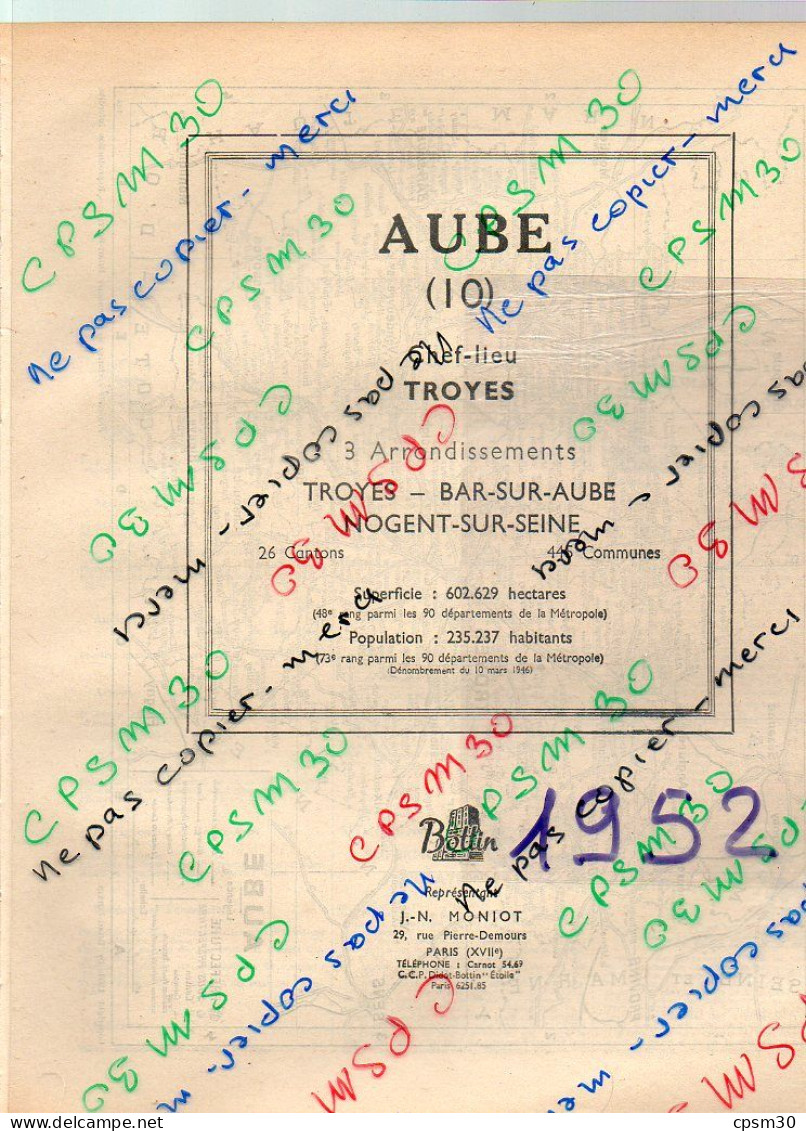 ANNUAIRE - 10 - Département Aube - Année 1952 édition Didot-Bottin - 96 Pages - Telefonbücher