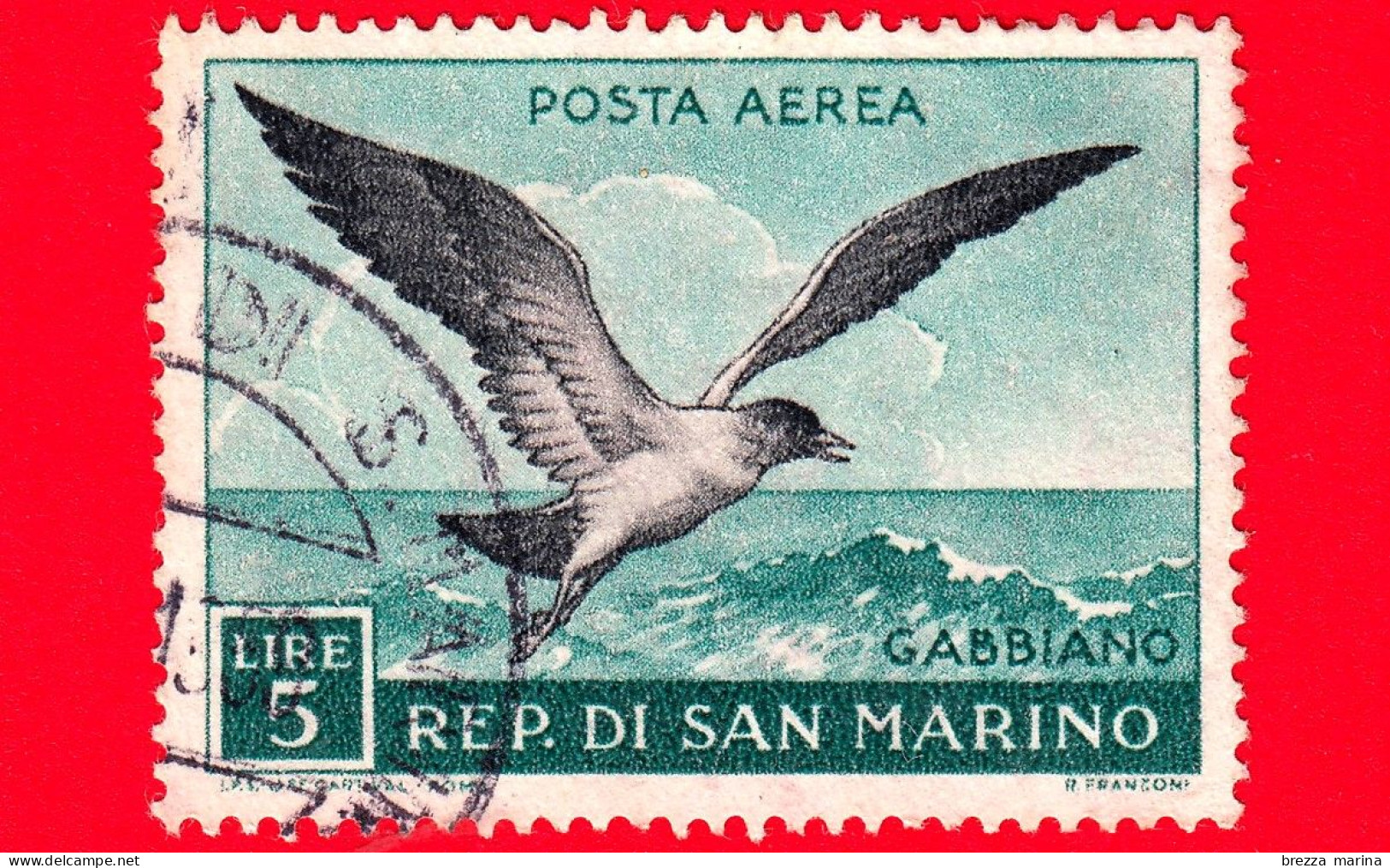 SAN MARINO - Usato - 1959 - Fauna Uccelli - Birds - POSTA AEREA - Gabbiano - 5 L. - Usati