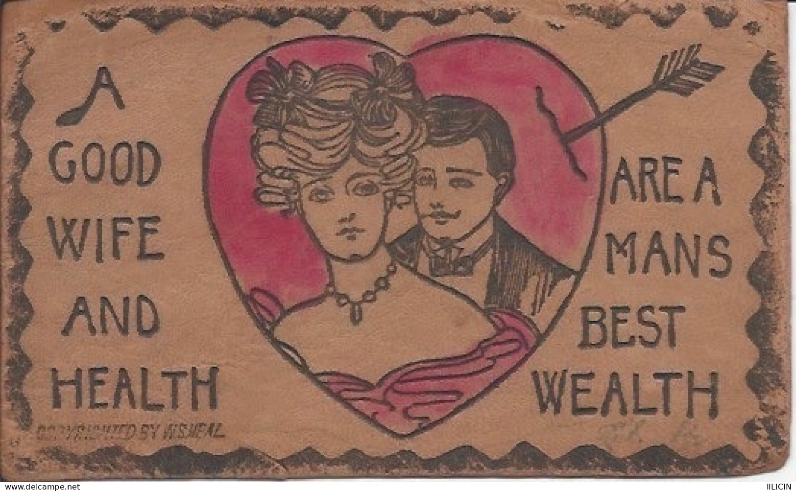 LEATHER Postcard RA016380 - Marriage Love Heart "Good Wife And Health" - Noces