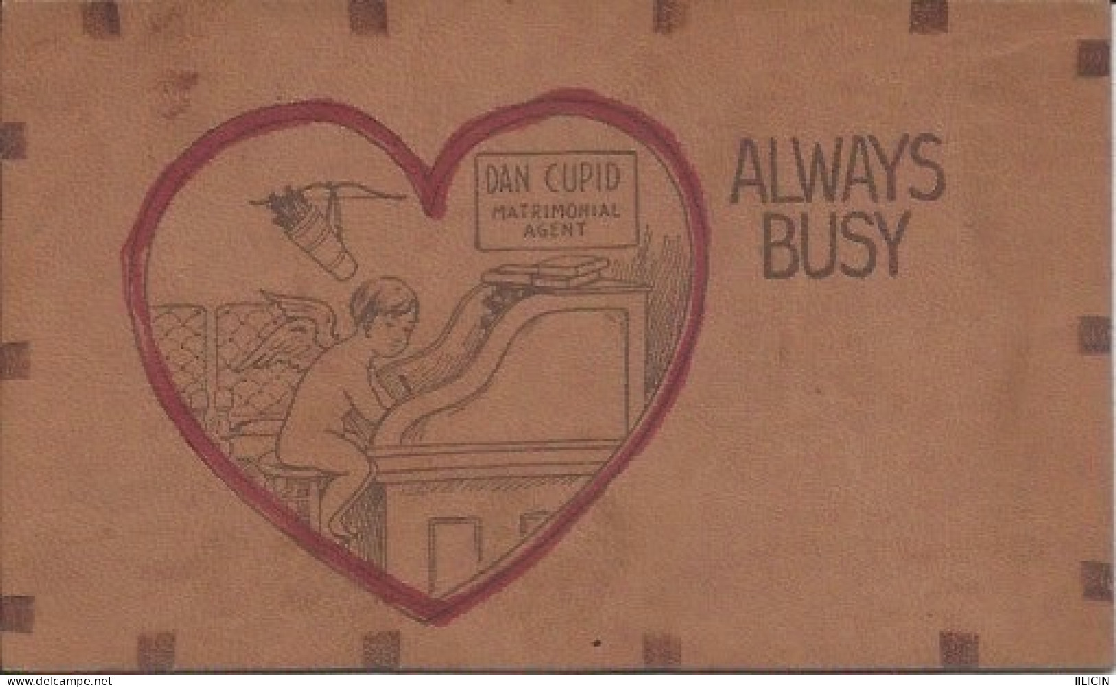 LEATHER Postcard RA016383 - Marriage Love Cupid Heart "Always Busy" - Noces