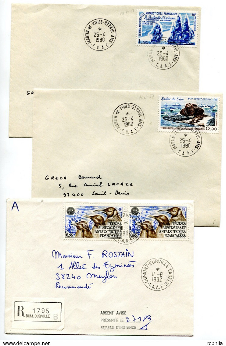 RC 23668 TAAF LOT DE 3 LETTRES DUMONT D'URVILLE ET MARTIN DE VIVIES DONT UNE RECOMMANDÉE POUR LA FRANCE TB - Storia Postale