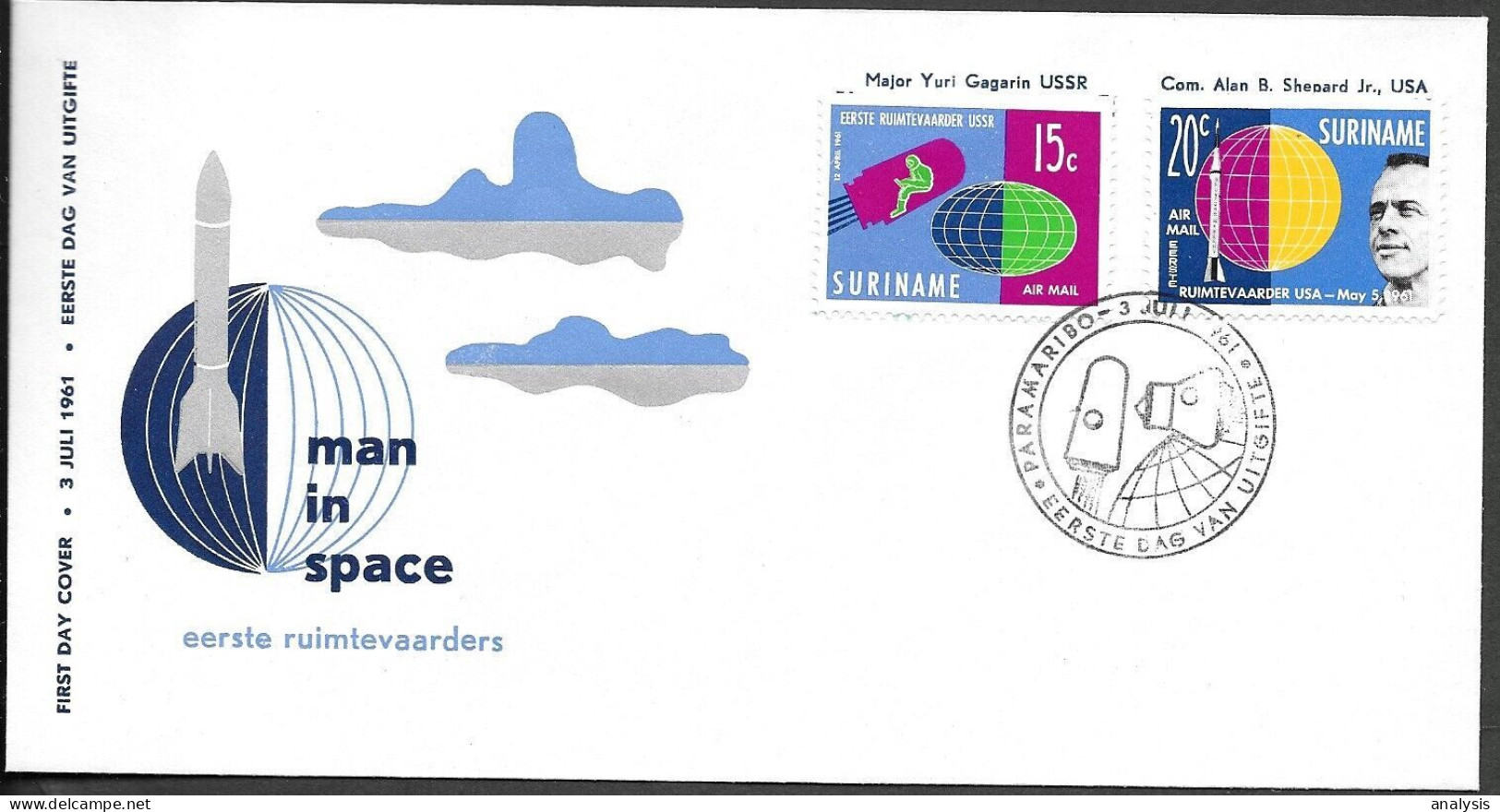 Suriname Space FDC Cover 1961. Gagarin "Vostok 1" Alan Shepard "Freedom 7" - Zuid-Amerika