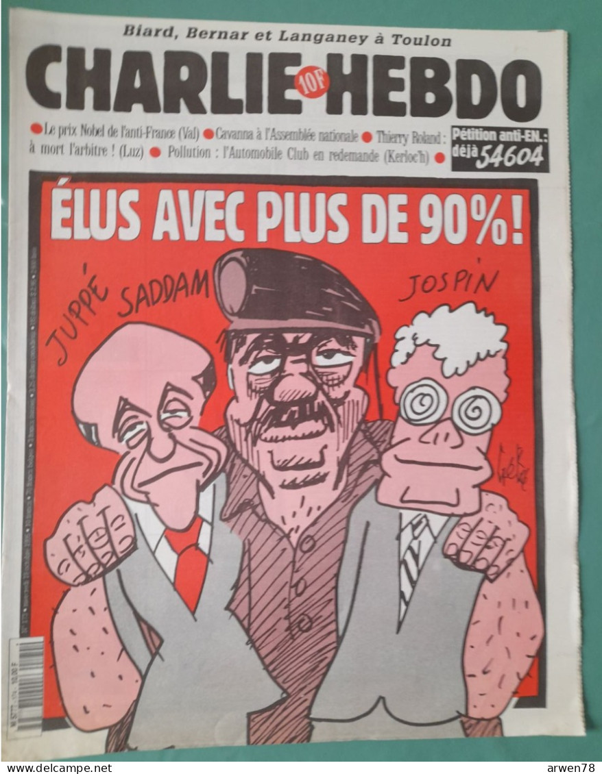 CHARLIE HEBDO 1995 N° 173 JUPPE JOSPIN SADDAM HUSSEIN ELUS AVEC PLUS DE 90 0/0 - Humor