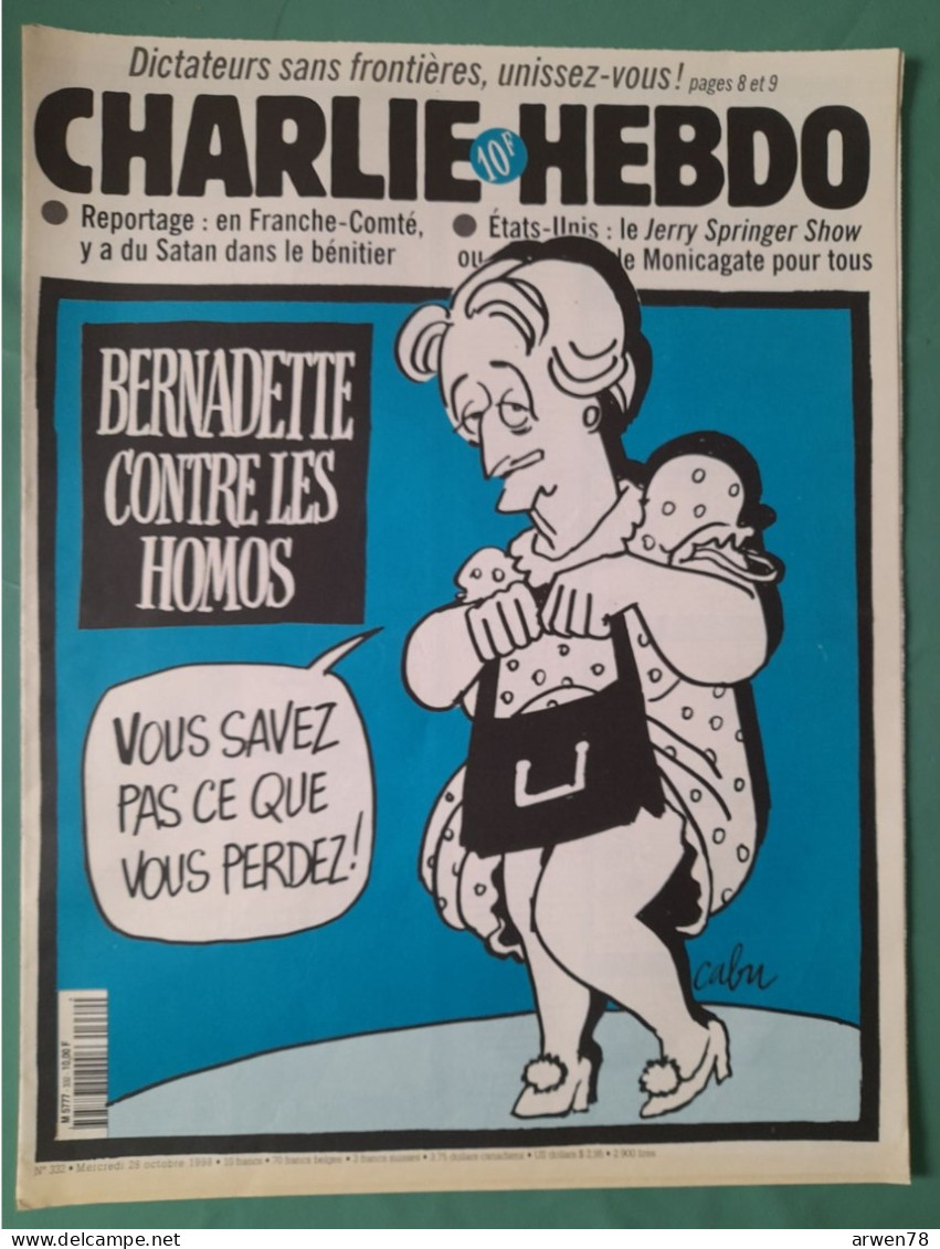 CHARLIE HEBDO 1998 N° 332 BERNADETTE CHIRAC CONTRE LES HOMOS - Humor