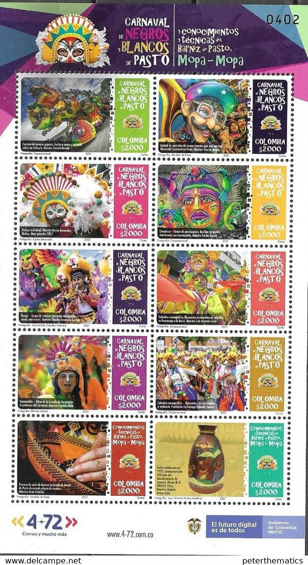 COLOMBIA, 2021, MNH, CARNIVAL, CARNAVAL DE NEGROS Y BLANCOS DE PASTO, DANCING, MUSIC, MASKS, SHEETLET - Karnaval