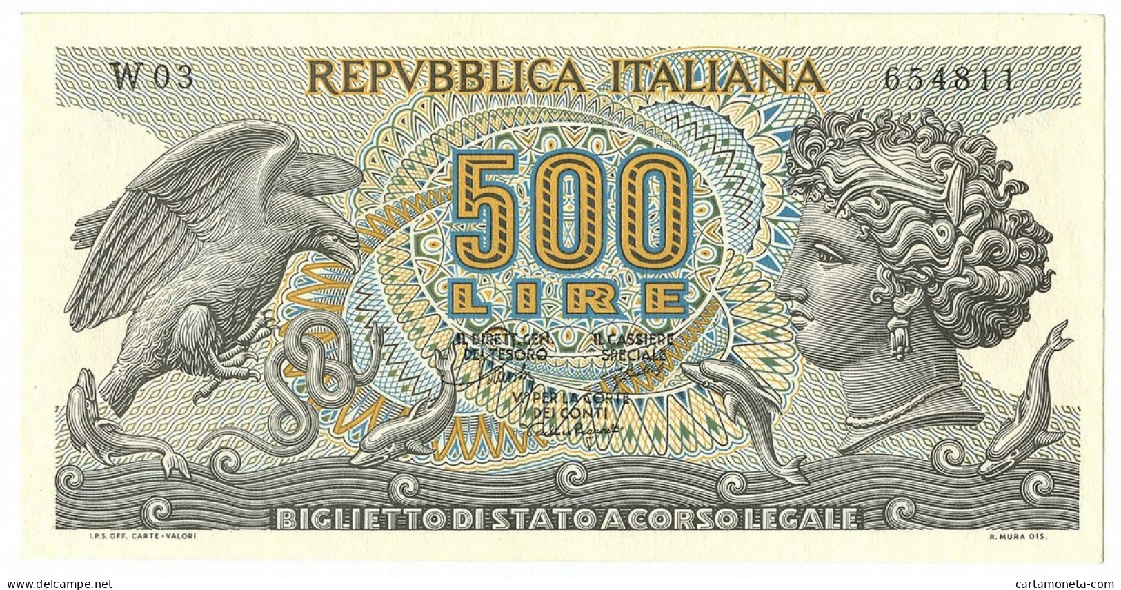 500 LIRE BIGLIETTO DI STATO ARETUSA SERIE SPEC. SOSTITUTIVA W03 20/10/1967 SUP+ - Sonstige & Ohne Zuordnung