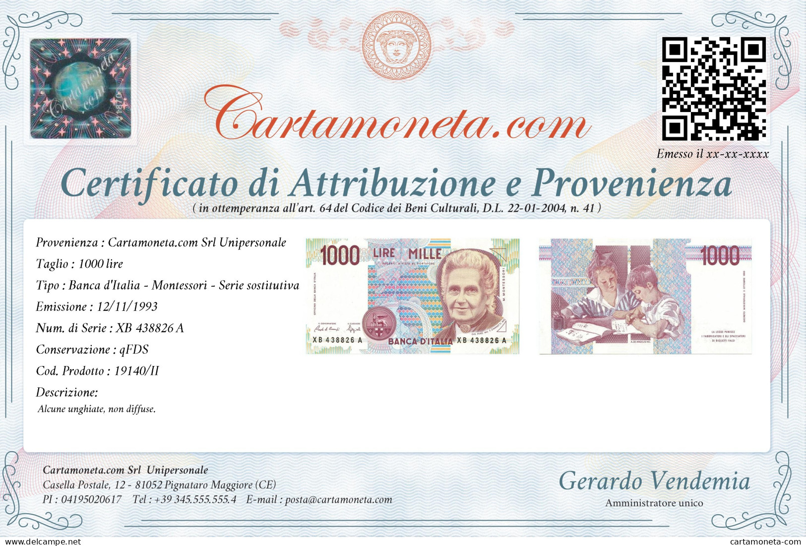 1000 LIRE MARIA MONTESSORI SERIE SOSTITUTIVA XB 12/11/1993 QFDS - Altri & Non Classificati