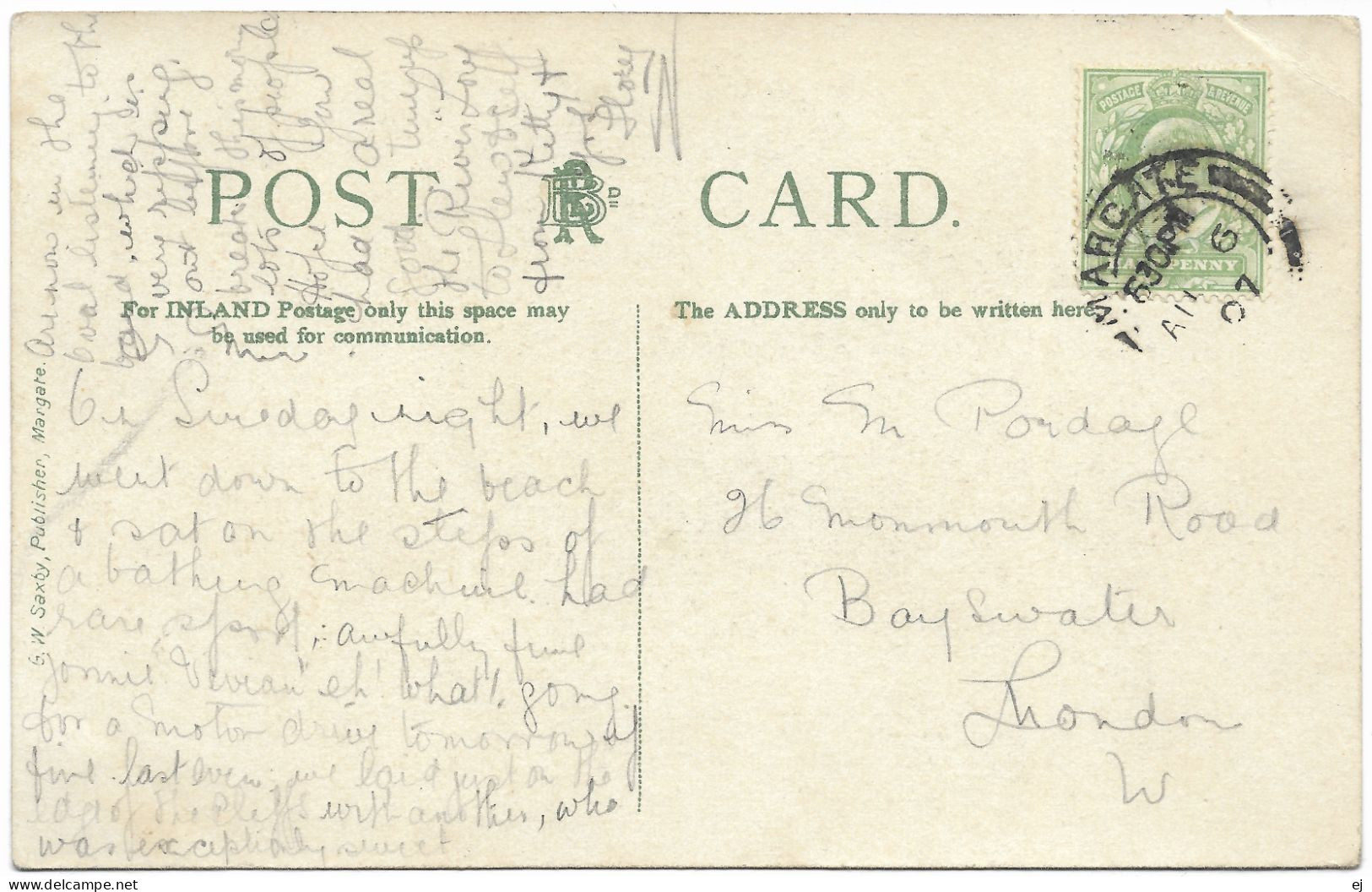 Newgate Gap Cliftonville - Postmark 1907 - Saxby - Margate