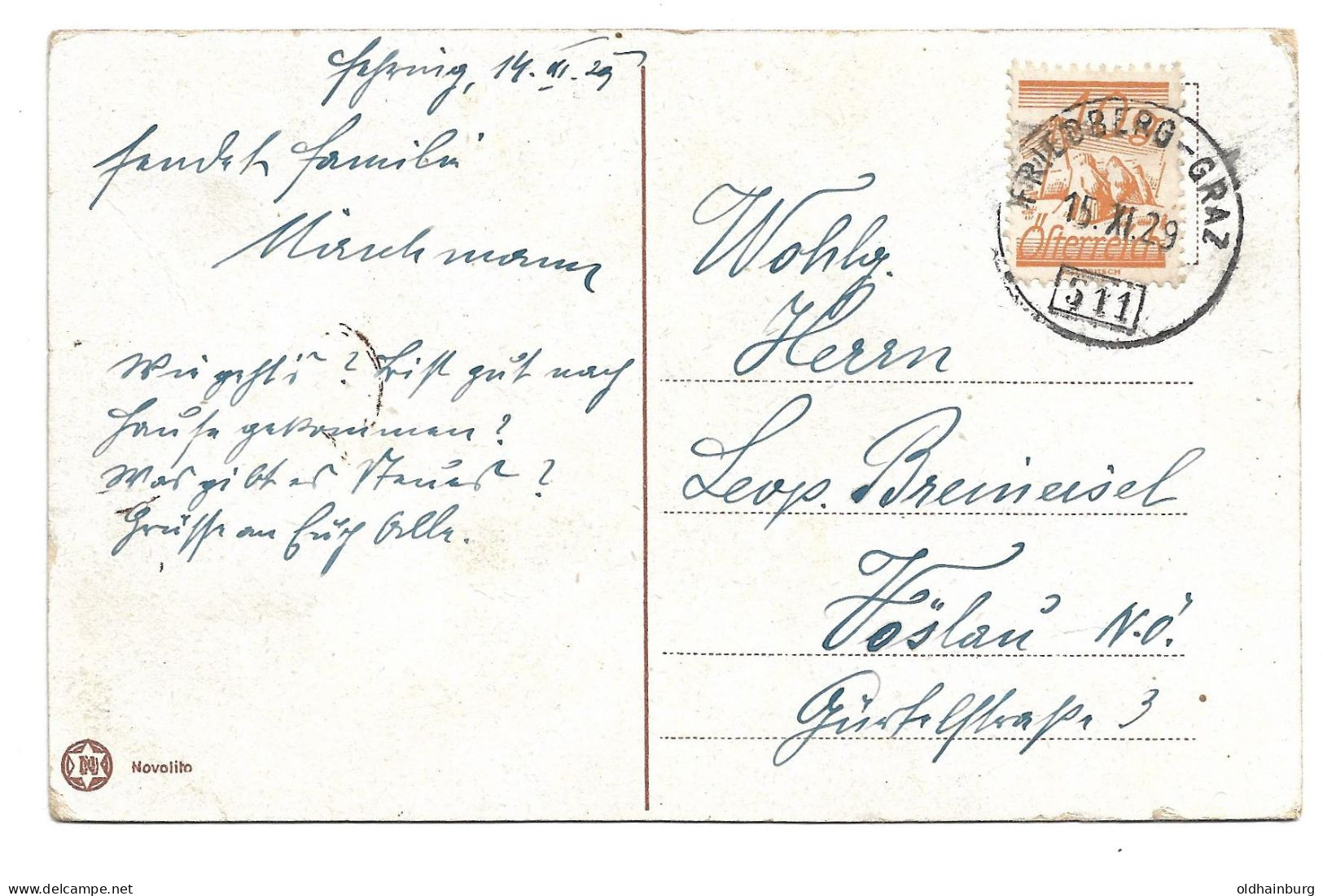 0566g: AK Bahnpost Friedberg- Graz 15.XI.1929, Namenstags- Kitschkarte - Friedberg