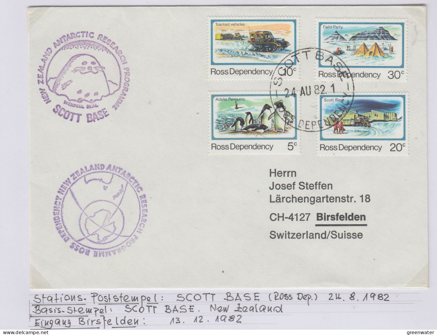 Ross Dependency Cover  NZ  Antarctic Research  Expedition Ca Scott Base 24 AUG 1982 (WB162) - Brieven En Documenten