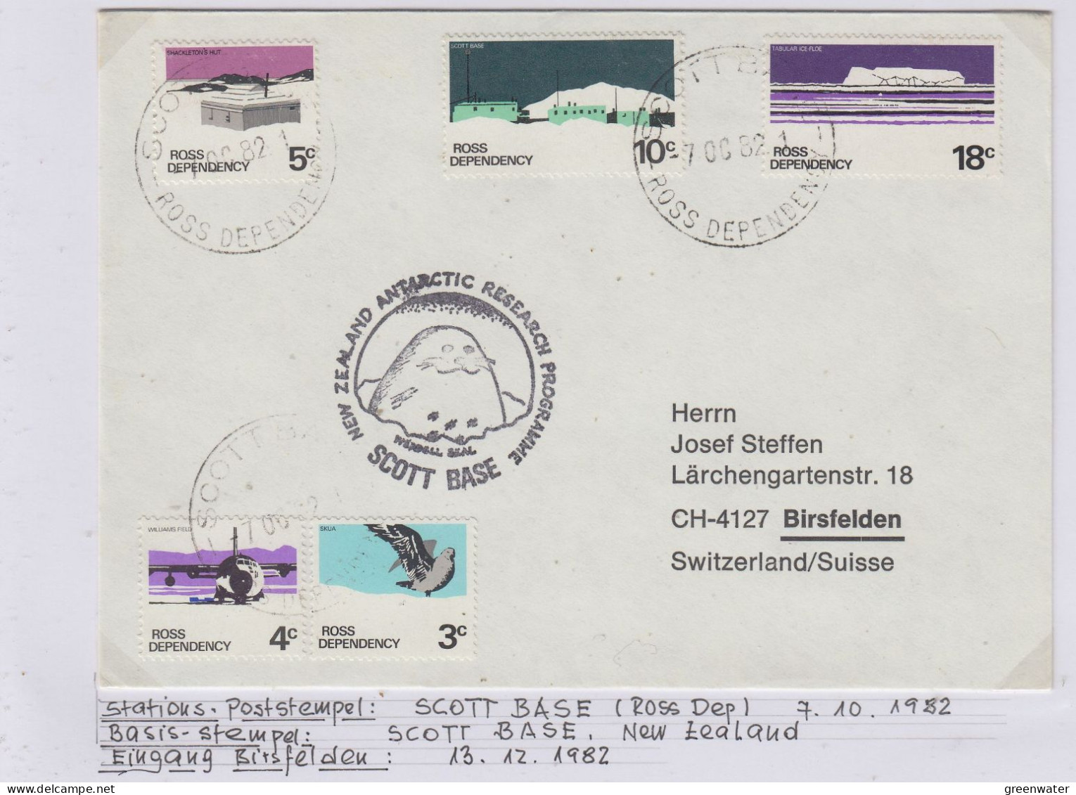 Ross Dependency Cover  NZ  Antarctic Research  Expedition Ca Scott Base 7 OCT 1982 (WB162A) - Brieven En Documenten