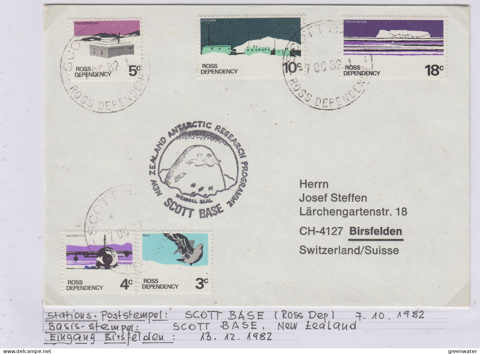 Ross Dependency Cover  NZ  Antarctic Research  Expedition Ca Scott Base 7 OCT 1982 (WB162B) - Storia Postale