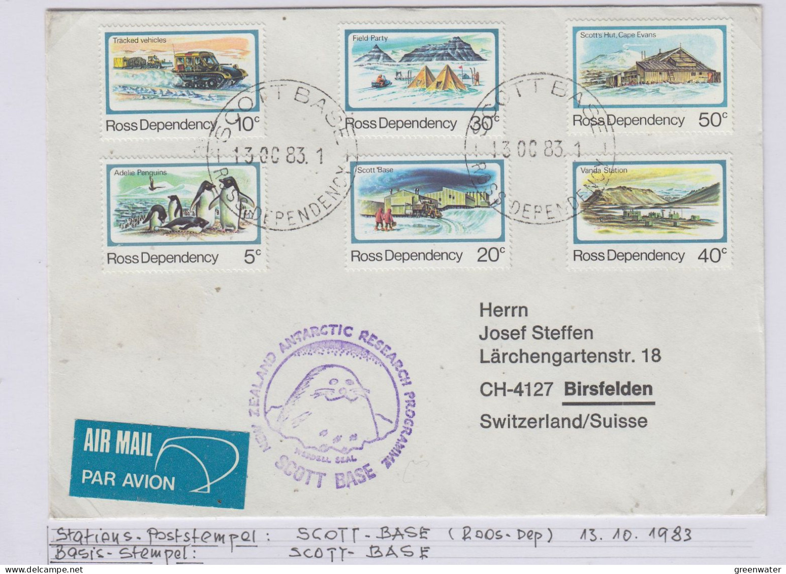 Ross Dependency Cover  NZ  Antarctic Research  Expedition Ca Scott Base 13 OCT 1983 (WB164A) - Brieven En Documenten