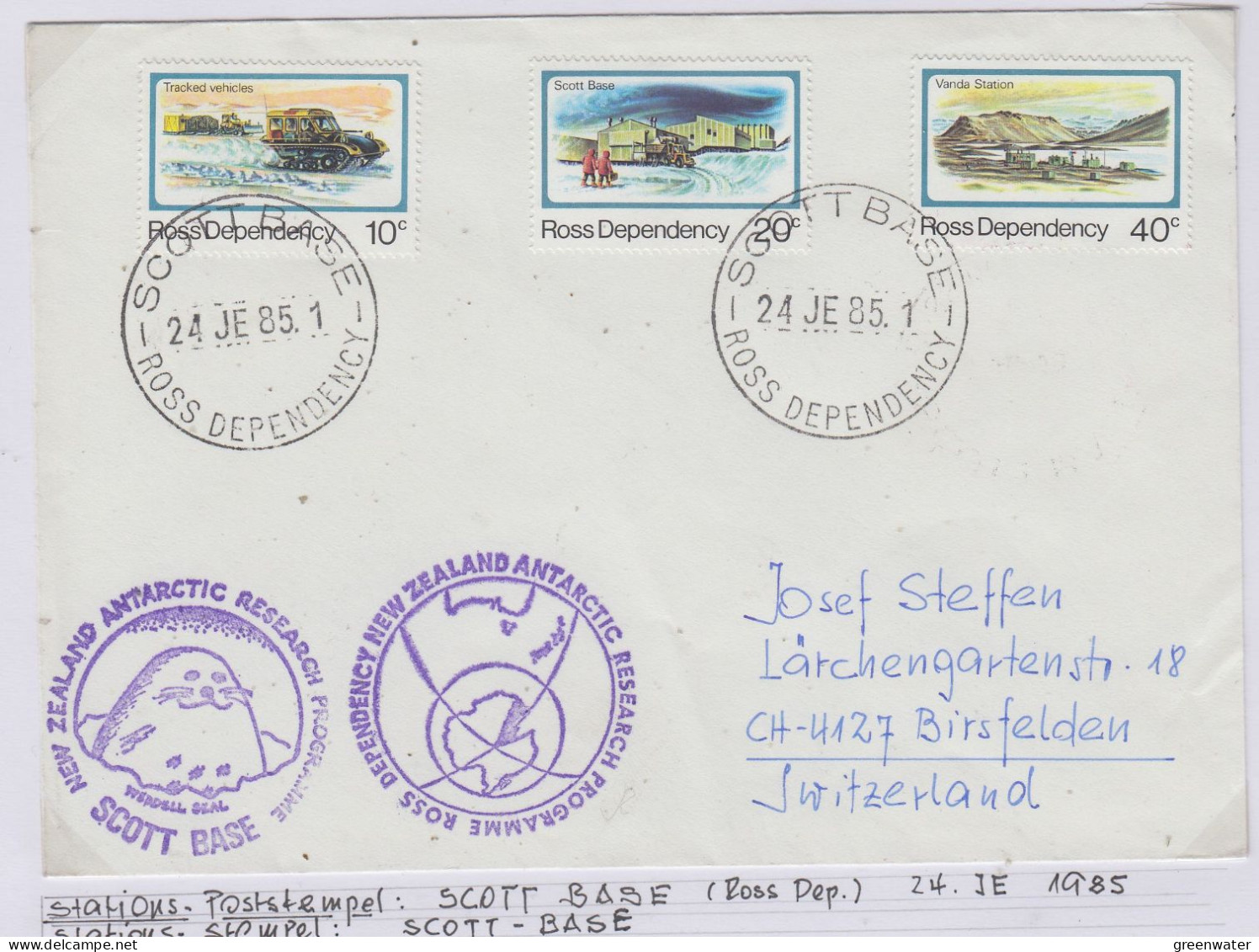 Ross Dependency Cover  NZ  Antarctic Research  Expedition Ca Scott Base 24 JA 1985 (WB165A) - Brieven En Documenten