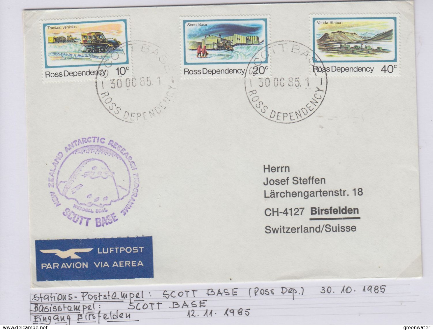 Ross Dependency Cover  NZ  Antarctic Research  Expedition Ca Scott Base 30 OCT 1985 (WB165B) - Briefe U. Dokumente