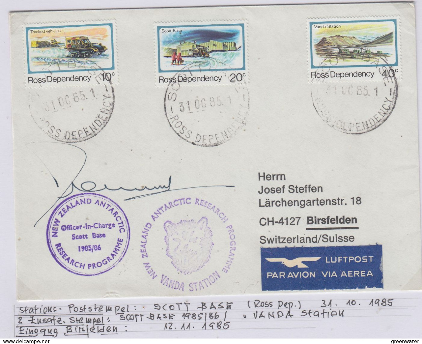 Ross Dependency Cover  NZ  Antarctic Research  Expedition Signature Officer In Charge Ca Scott Base 31 OCT 1985 (WB165C) - Briefe U. Dokumente