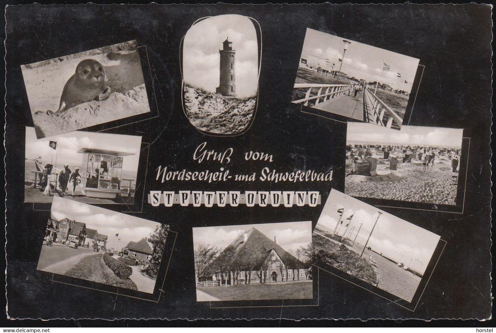 D-25826 St. Peter-Ording - Alte Ansichten - Anleger - Leuchtturm - Hauptstraße - Cars - VW Bus  (stamp 60er Jahre) - St. Peter-Ording