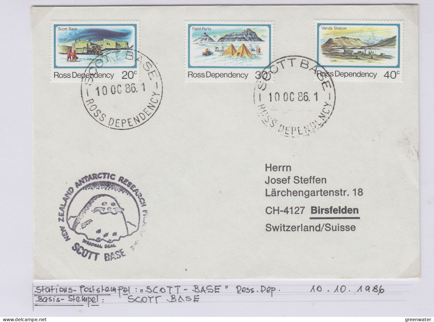 Ross Dependency Cover  NZ  Antarctic Research  Expedition Ca Scott Base 10 OCT 1986 (WB166) - Briefe U. Dokumente