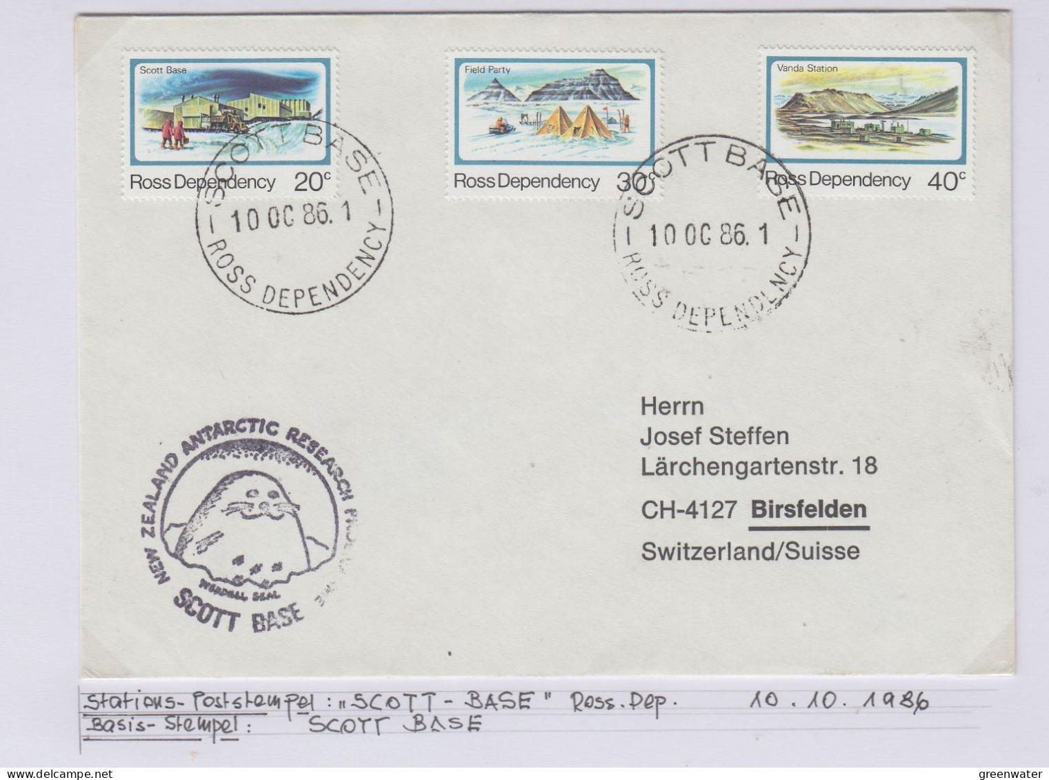 Ross Dependency Cover  NZ  Antarctic Research  Expedition Ca Scott Base 10 OCT 1986 (WB166) - Brieven En Documenten