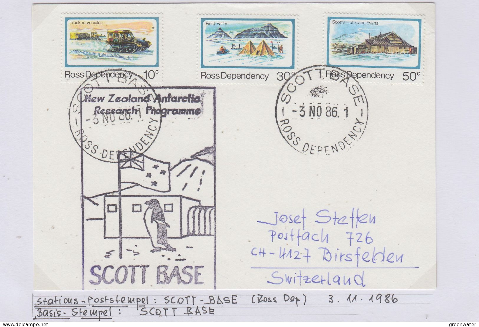 Ross Dependency Cover  NZ  Antarctic Research  Expedition Ca Scott Base 3 NO 1986 (WB166A) - Storia Postale