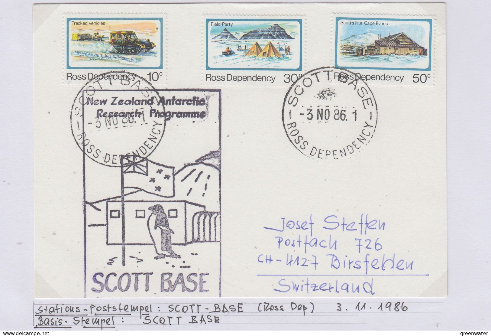 Ross Dependency Cover  NZ  Antarctic Research  Expedition Ca Scott Base 3 NO 1986 (WB166A) - Brieven En Documenten