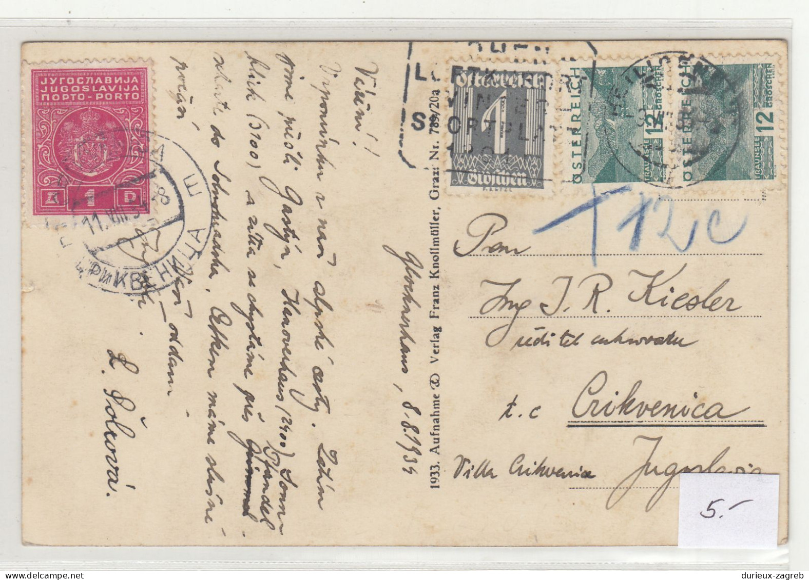 Yugoslavia Kingdom Postage Due Stamp On Postcard Heiligenblutt Posted 1934 Austria To Crikvenica B230720 - Segnatasse