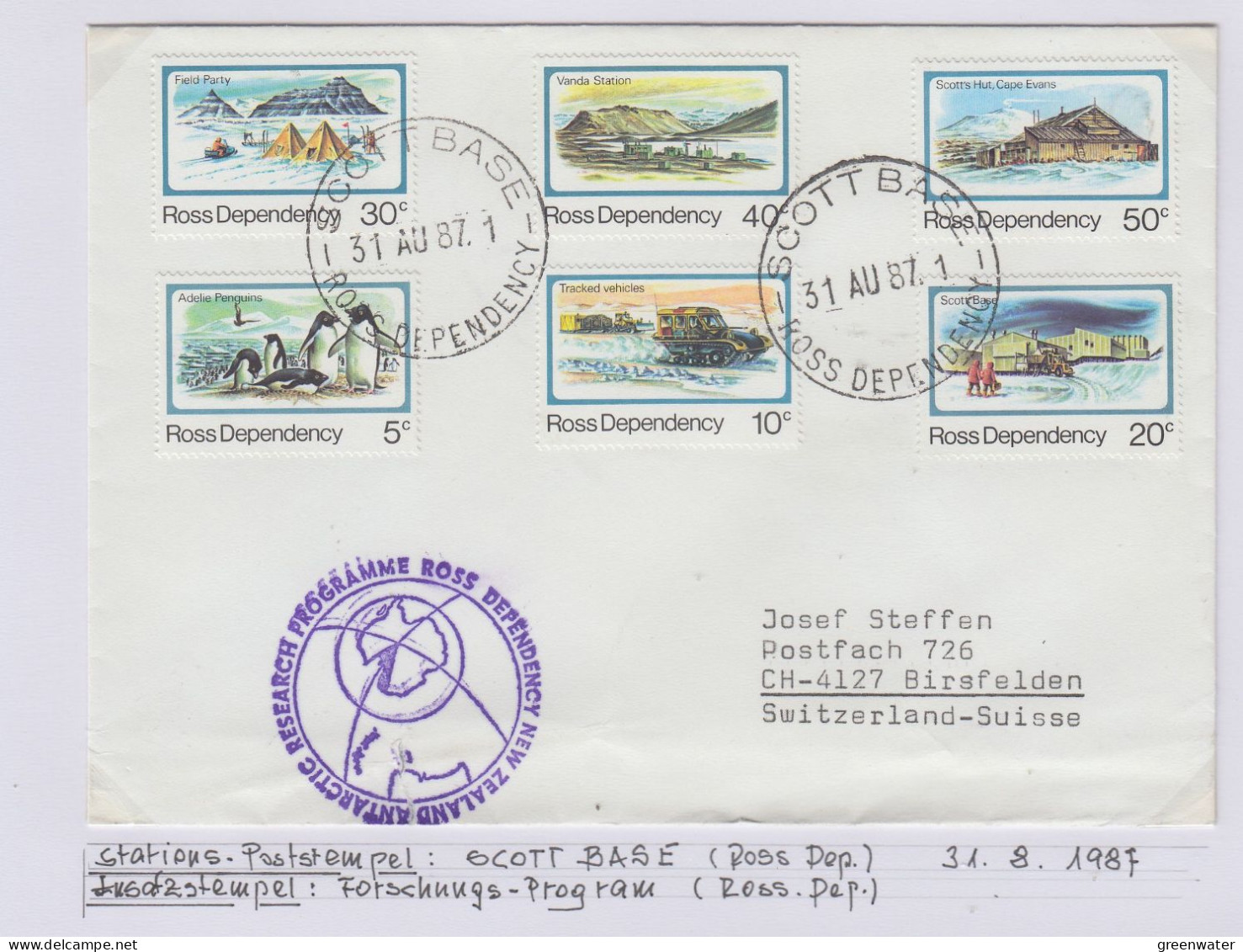Ross Dependency Cover  NZ  Antarctic Research  Expedition Ca Scott Base 31 AUG 1987 (WB166B) - Storia Postale