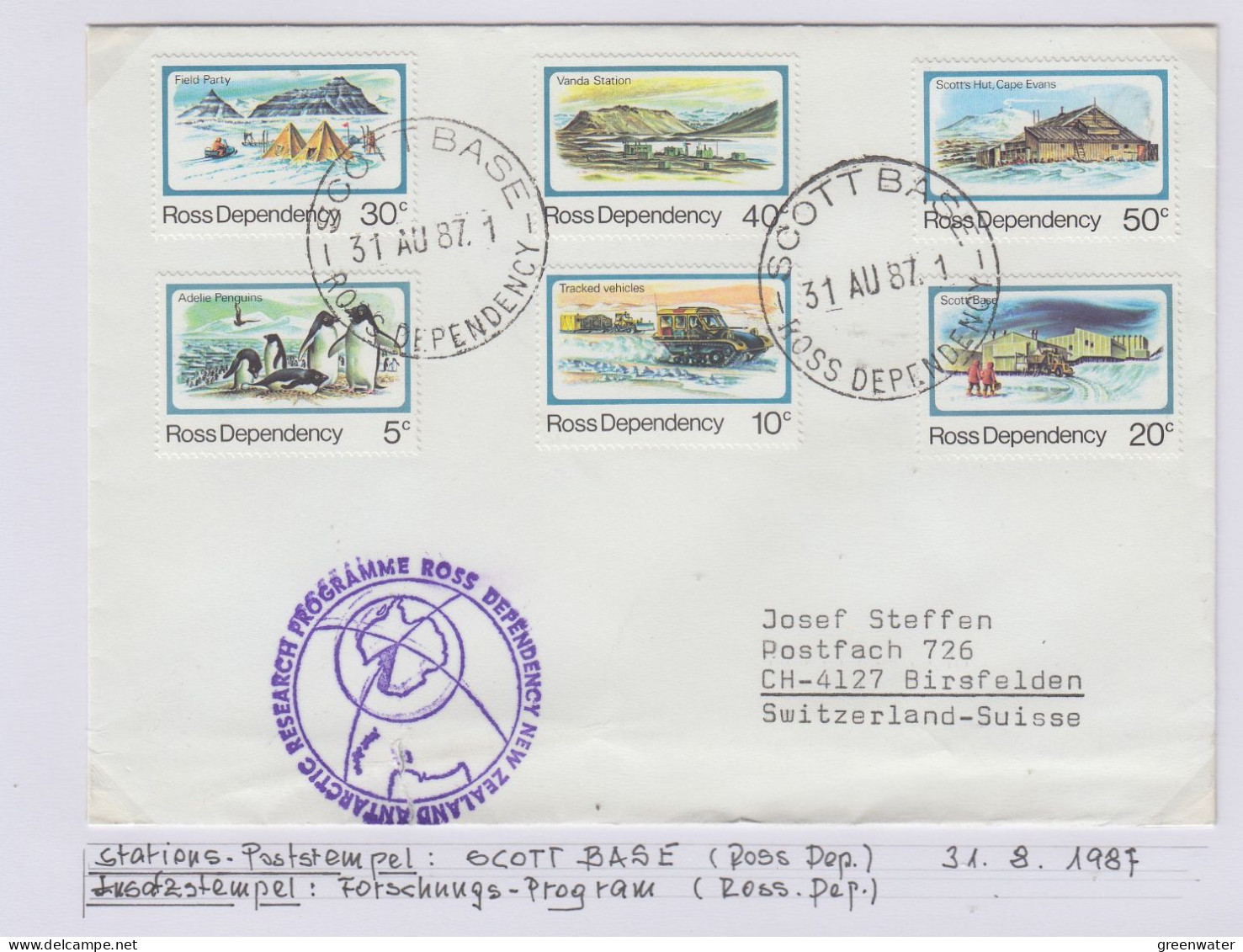 Ross Dependency Cover  NZ  Antarctic Research  Expedition Ca Scott Base 31 AUG 1987 (WB166B) - Brieven En Documenten