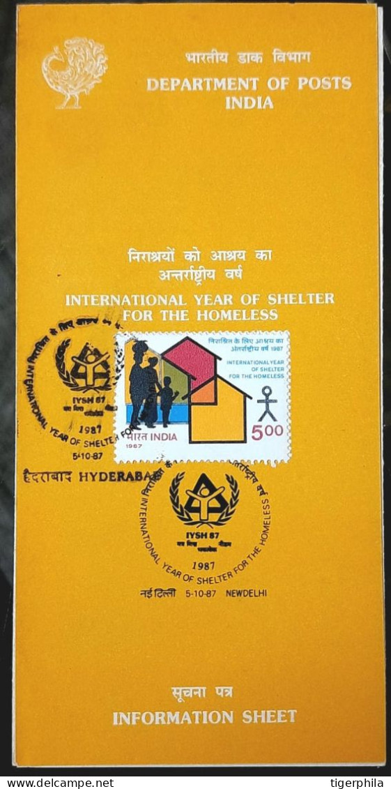 INDIA 1987 International Year Of Shelter FDC And BROCHURE , Both Hyderabad Cancellation - Brieven En Documenten