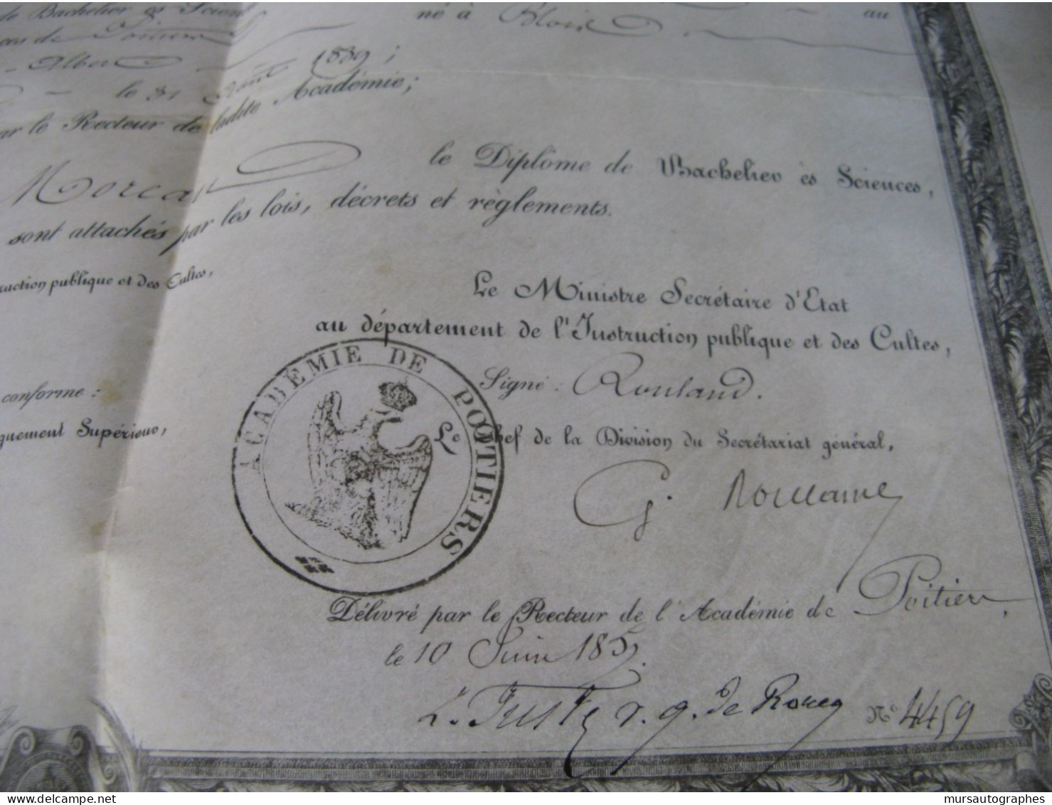 BEAU DIPLOME BACHELIER PARCHEMIN Pour OFFICIER MOREAU 1857 SIgné GUSTAVE ROULAND POITIERS - Politiques & Militaires