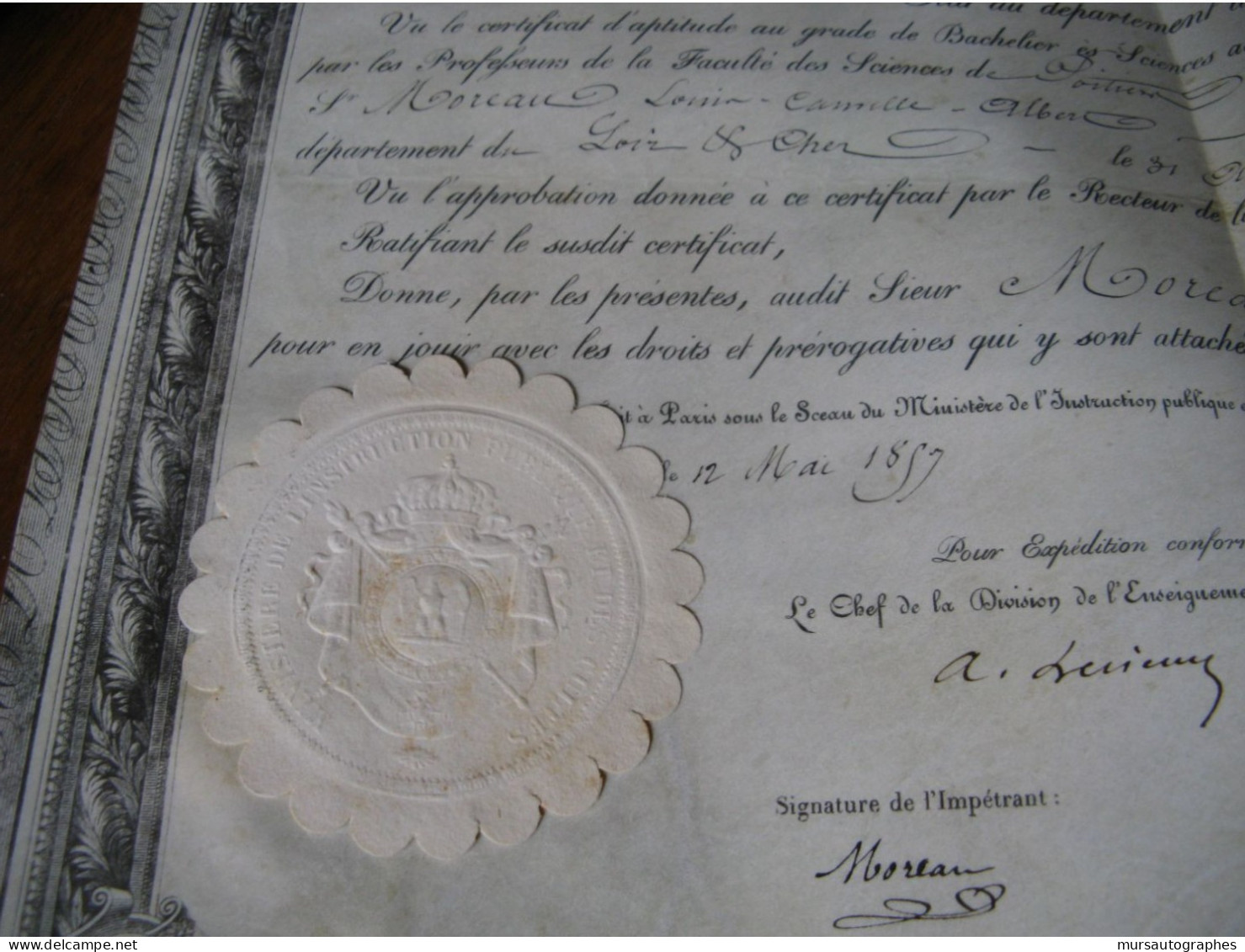 BEAU DIPLOME BACHELIER PARCHEMIN Pour OFFICIER MOREAU 1857 SIgné GUSTAVE ROULAND POITIERS - Político Y Militar