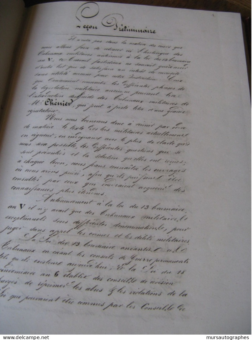 CHANCHOU Manuscrit Autographe Relié "COURS ELEMENTAIRE DE LEGISLATION PENALE MILITAIRE" 1840 CONSEILS GUERRE CRIMES - Politiek & Militair