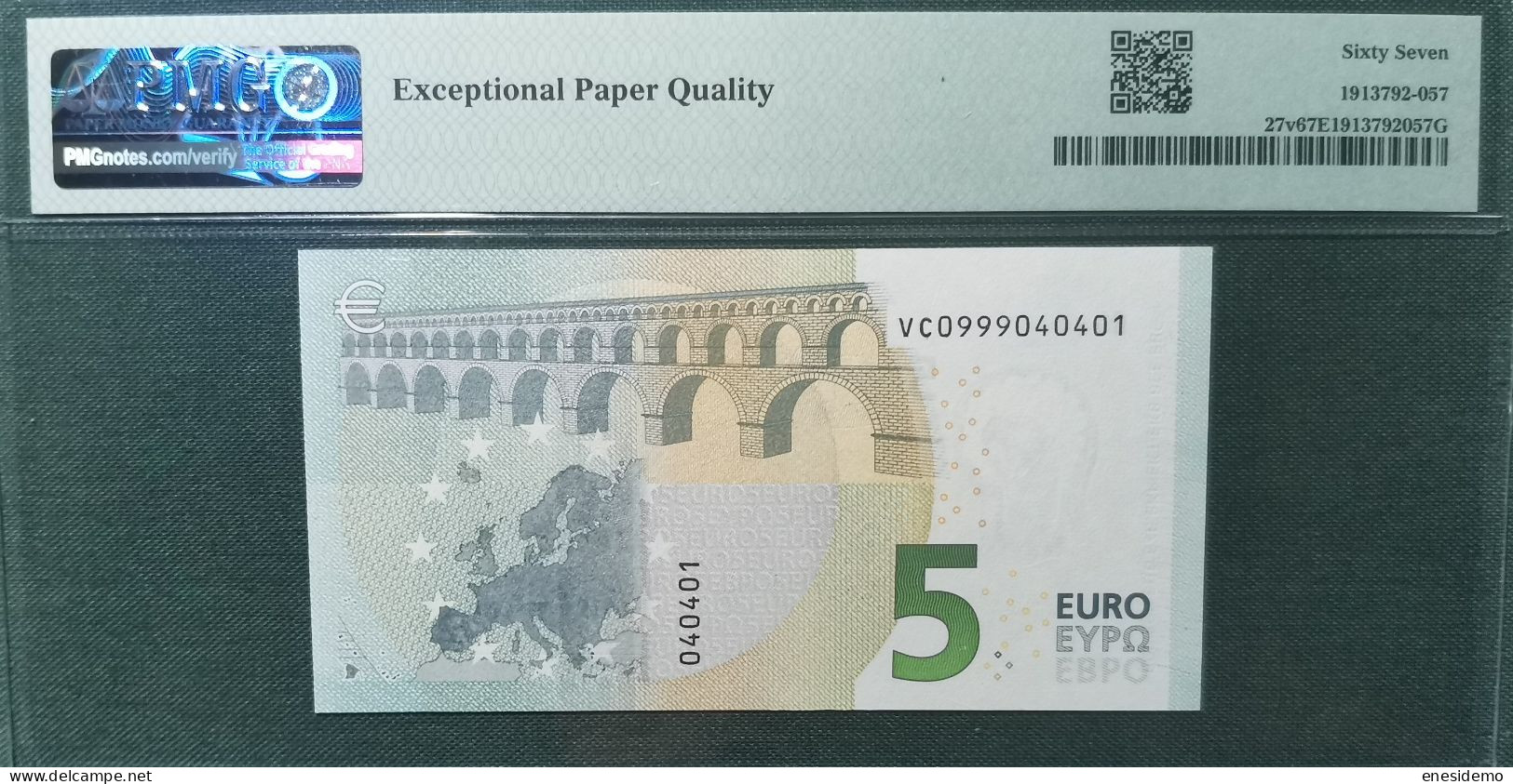 5 EURO SPAIN 2013 LAGARDE V014J1 VC SC FDS UNC. PERFECT PMG 67 EPQ ONLY FOUR NUMBERS - 5 Euro