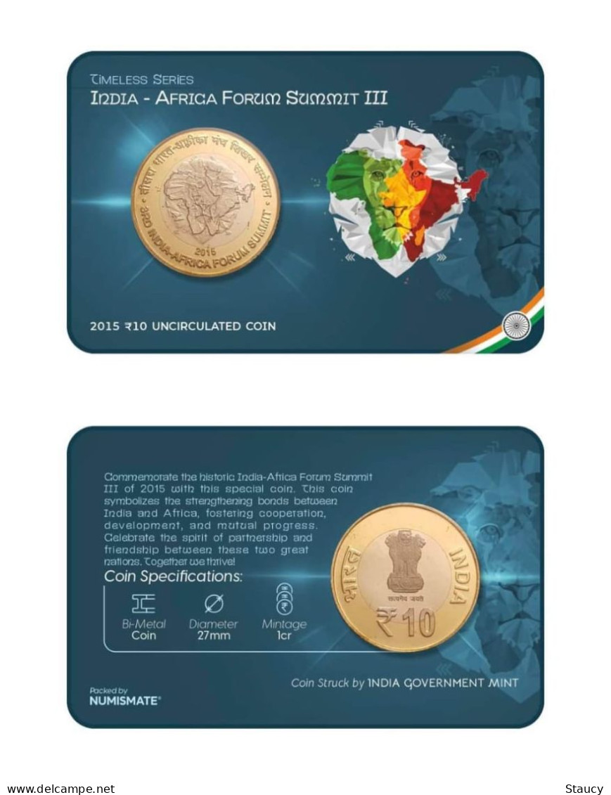 INDIA 2015 INDIA - AFRICA FORUM SUMMIT III Commemorative Rs.10.00 COIN In Card  Packed By NUMISMATE As Per Scan - Ficción & Especímenes