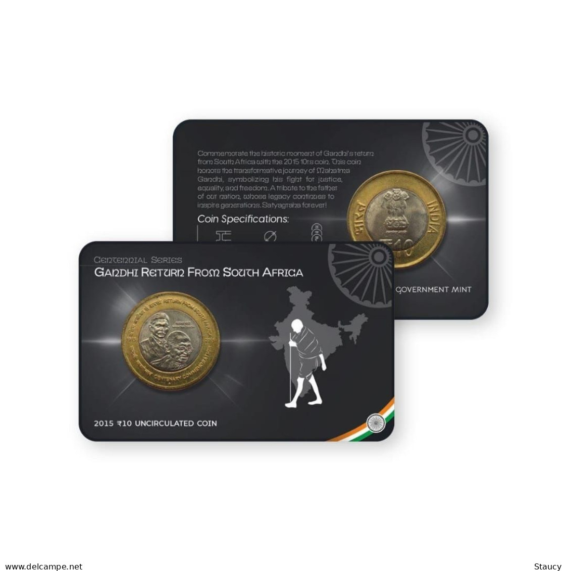 INDIA 2015 GANDHI RETURN From South Africa Commemorative Rs.10.00 COIN In Card  Packed By NUMISMATE As Per Scan - Fiktive & Specimen