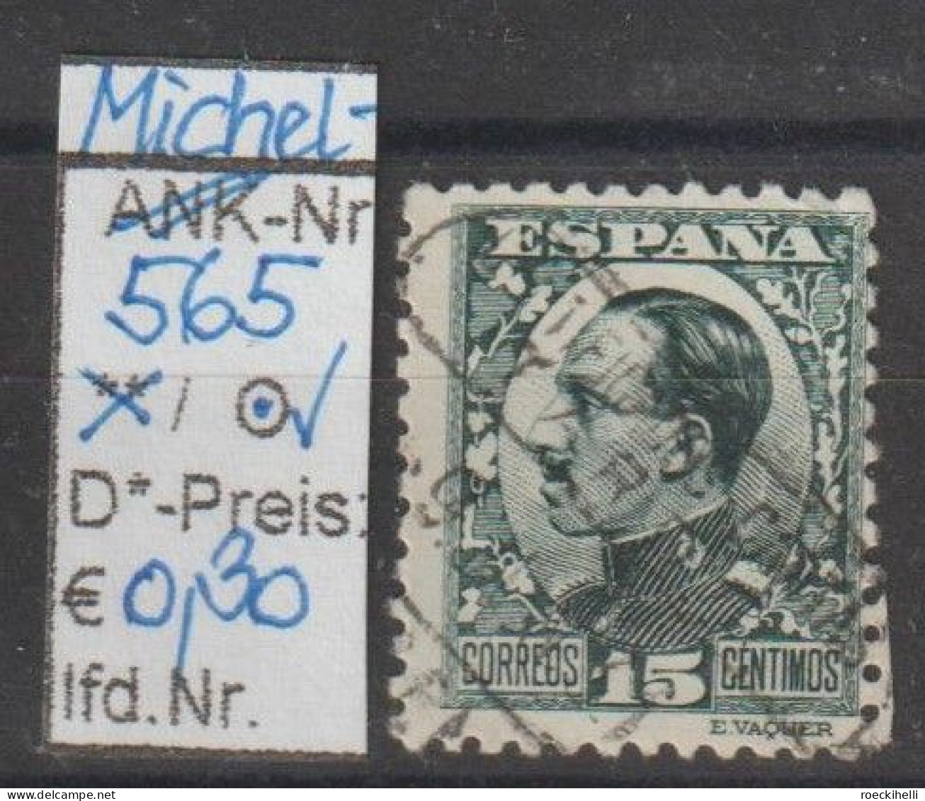 1930 - SPANIEN - FM/DM "Alfons XIII" 15 C Grünschiefer - O  Gestempelt  - S.Scan (565o  Esp) - Usados