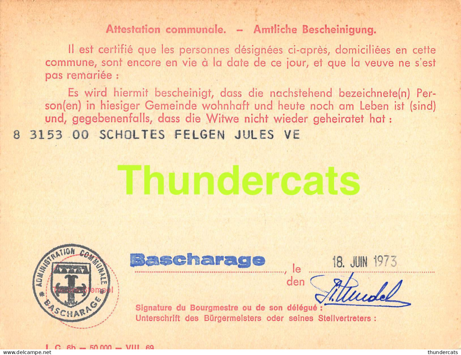 ASSURANCE VIEILLESSE INVALIDITE LUXEMBOURG 1973 SCHOLTES FELGEN BASCHARAGE  - Briefe U. Dokumente