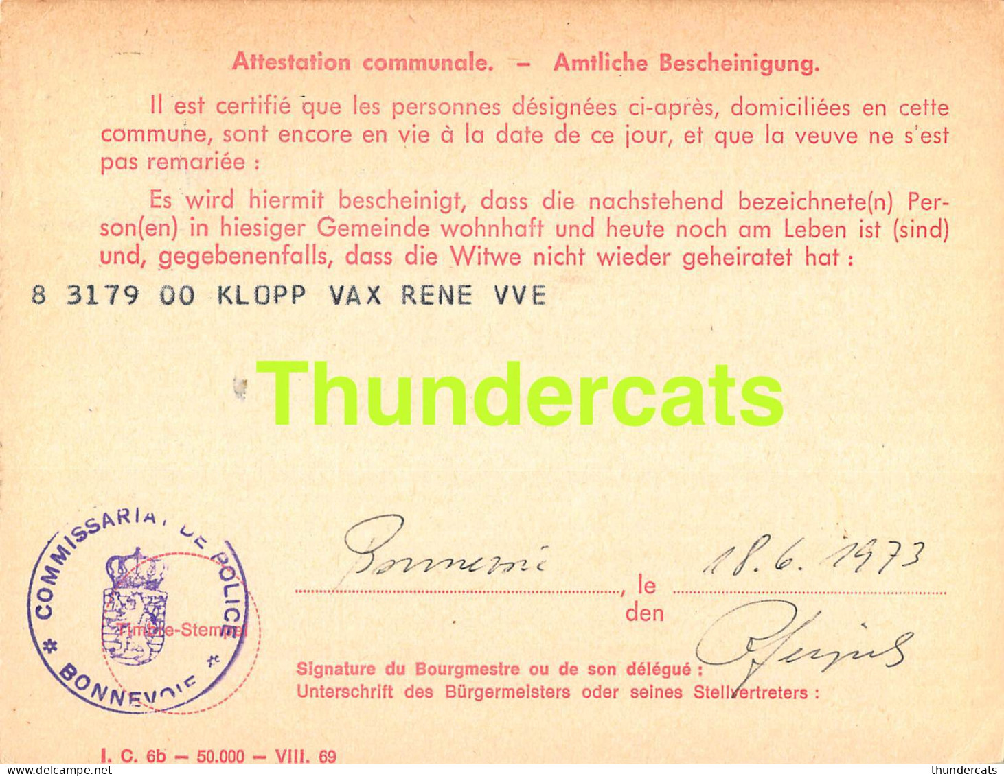ASSURANCE VIEILLESSE INVALIDITE LUXEMBOURG 1973 KLOPP VAX BONNEVOIE  - Cartas & Documentos