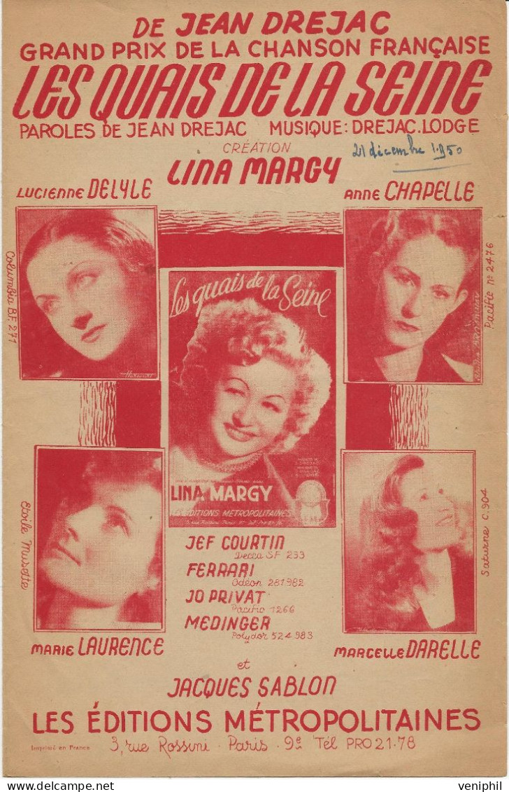 PARTITION -  LES QUAIS DE LA SEINE -  JEAN-DREJAC - AVEC LUCIENNE DE LYLE -1947 - Cancionero