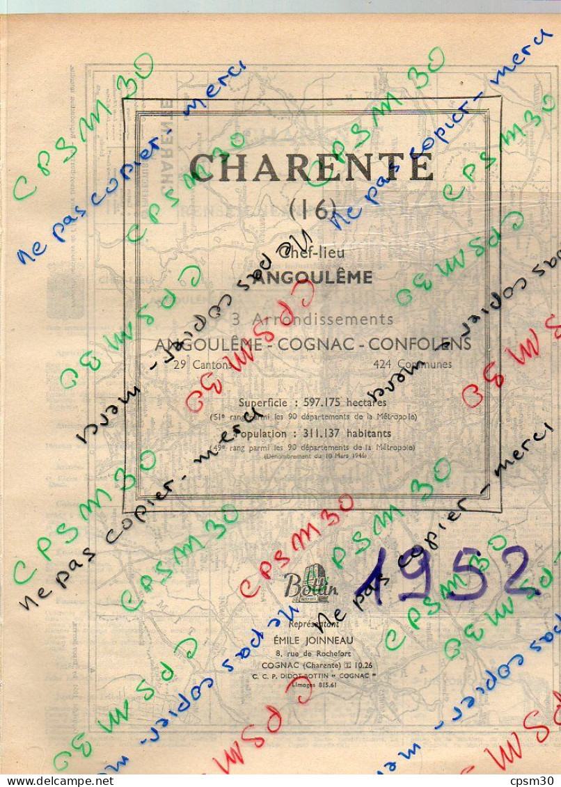 ANNUAIRE - 16 - Département Charente - Année 1952 édition Didot-Bottin - 110 Pages - Telefonbücher